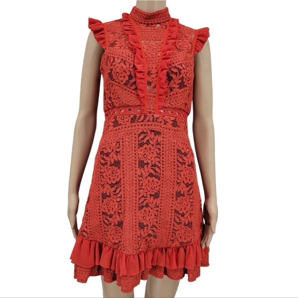 Three Floor Sienna Ruffles A-line Dress in Rust Red Women's XXS/2 Lace Panel